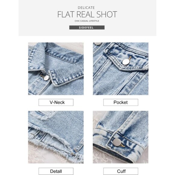 Women's Denim Jacket Long Sleeve Distressed Casual Ripped Blue Large - Picture 8 of 8